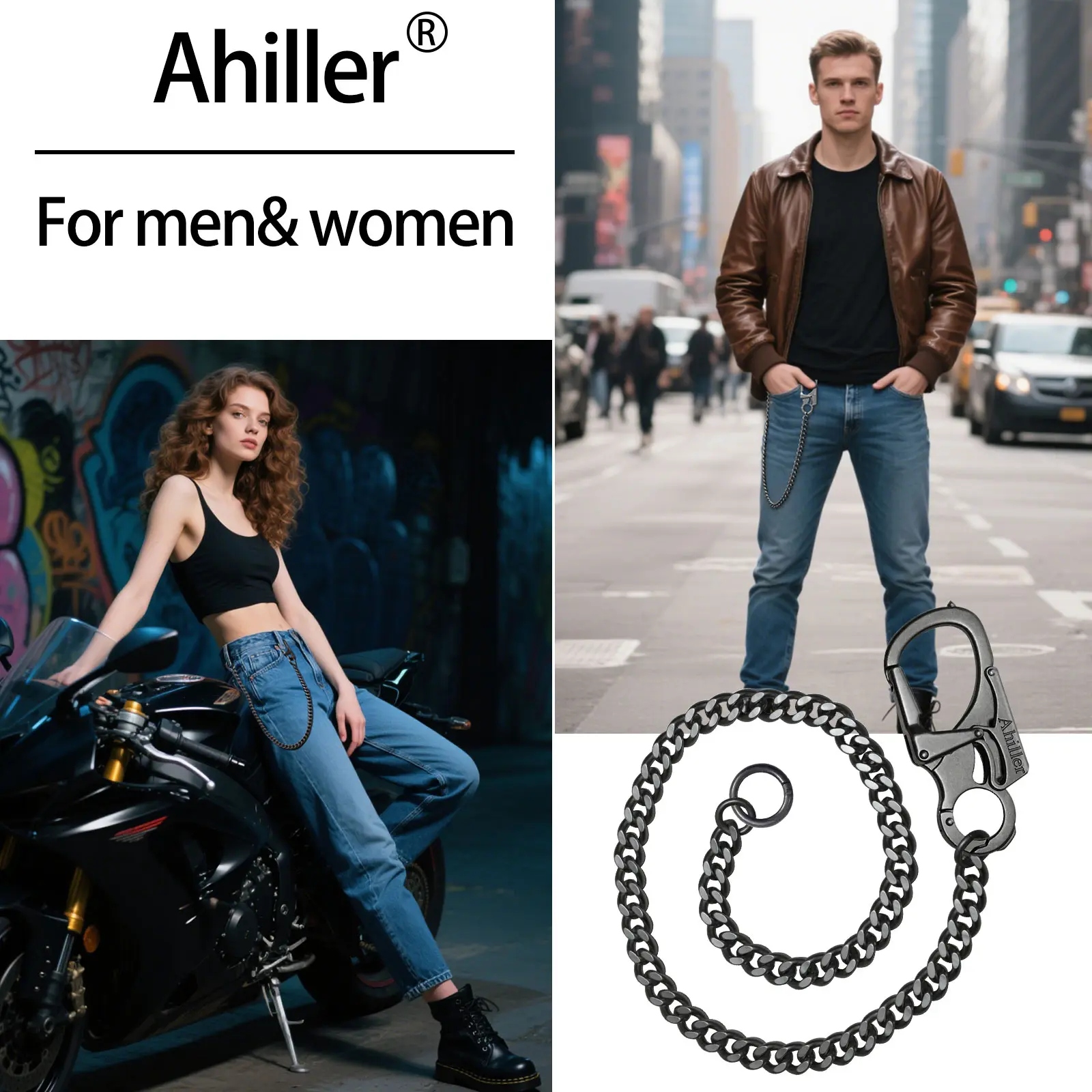 Ahiller Men's Wallet Chain - Double Lock Hiking Buckle Design, Tungsten Steel Tapered Head, 25 Inch Extended Chain, Outdoor Camping,Hiking Accessory, Keychain for Bike/Motorcycle/Daily Use with Window Breaking Function, Loss Prevention Design