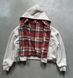 Retro yellow checkered double-sided reversible double-zipper hoodie for men and women, with a loose fit and a hooded design.