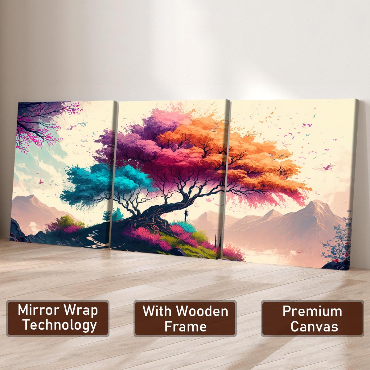 3Pcs Wooden Framed Canvas Painting, Colorful Fantasy Tree And Mountain Landscape, Exquisite Poster, Home Decoration, Pattern Wall Art Decor, For Living Room, Bedroom, Office, Restaurant, Bar Wall Decor, Odorless, Painting, Print Artwork.