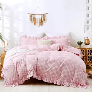 Gingham Duvet Cover Bedding Set  Washed  Like Linen Feel Soft Breathable 3 count Plaid Checkered Cute Ruffle Comforter Cover Set ( 90"x90", No Comforter)