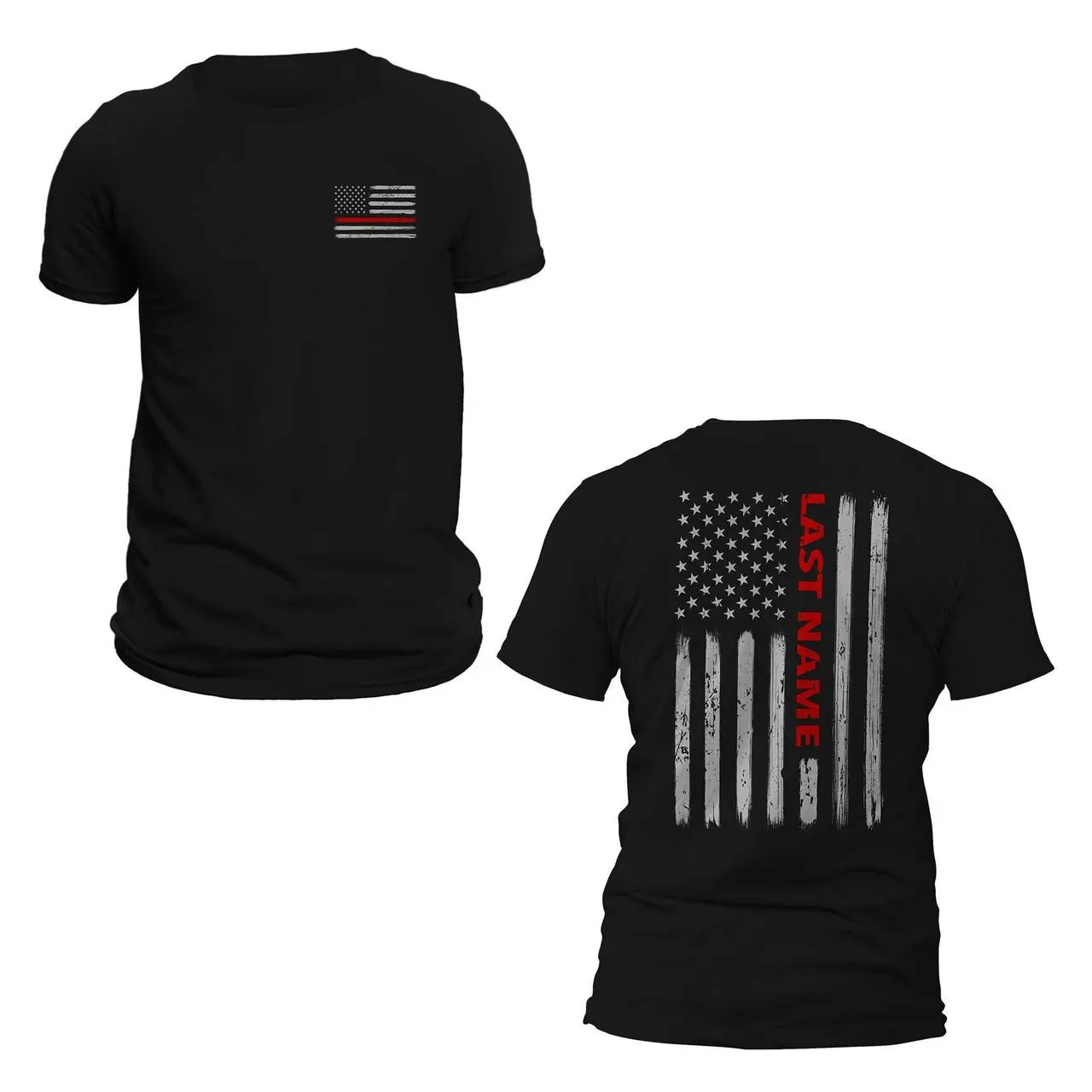 Personalized Custom Last Name Firefighter T-Shirt Thin Red Line Vertical Flag - Classic Soft Tee Casual Crewneck