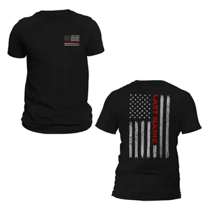 Personalized Custom Last Name Firefighter T-Shirt Thin Red Line Vertical Flag - Classic Soft Tee Casual Crewneck