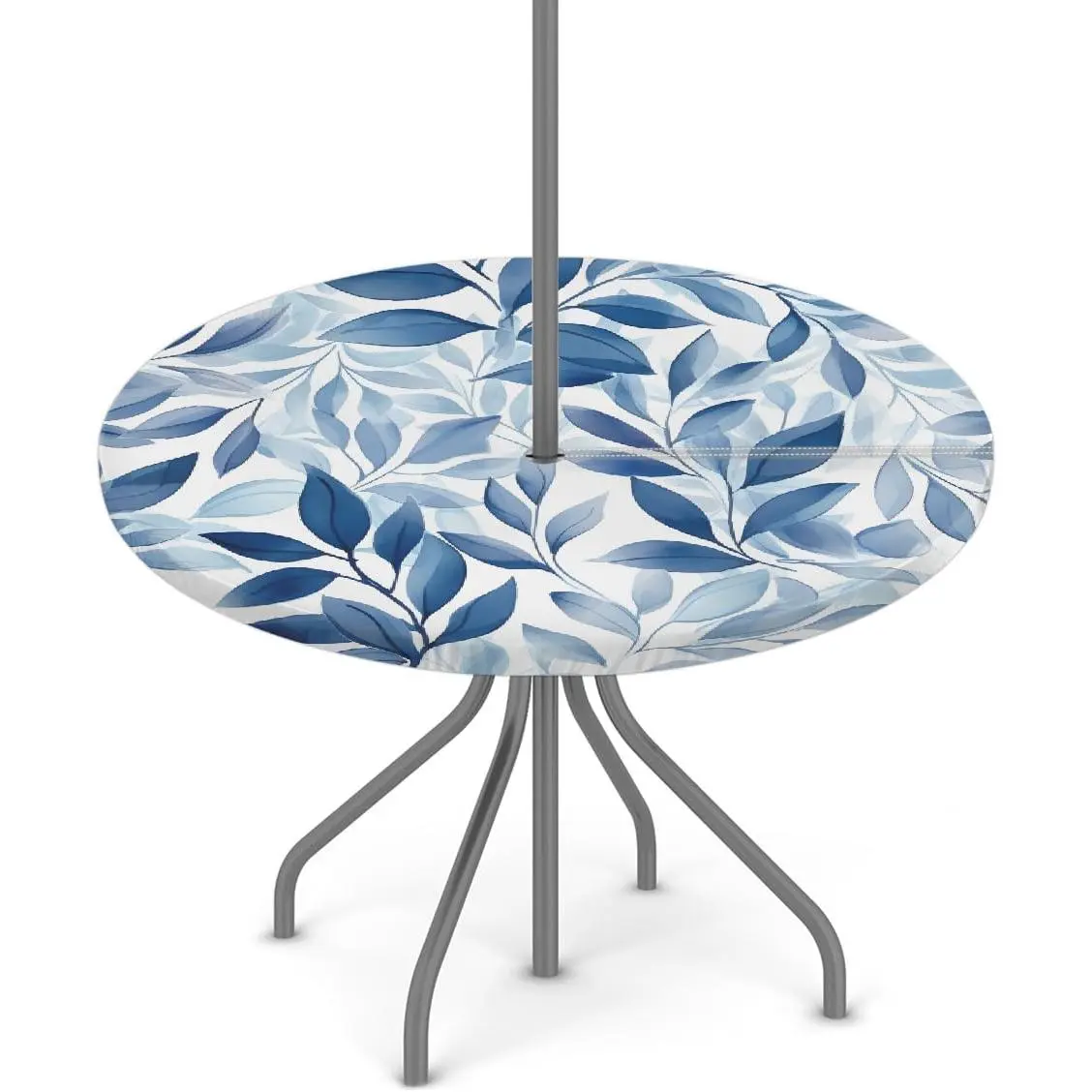 Outdoor Tablecloth with Umbrella Hole and Hidden Zipper,Blue Leaves Pattern Fitted Round Tablecloth with Elastic, Waterproof Polyester for Patio Picnic, Fits 36-44in Tables