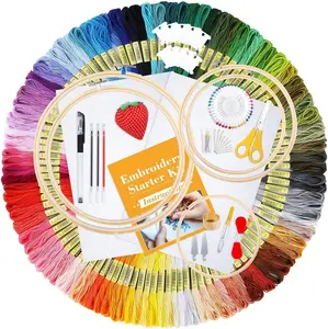 304 Pack Embroidery Kit, 200 Colors Threads, 5 count  Embroidery Hoops, 2 count Aida Cloth, Instructions, Bag and Cross Stitch Tools Set, Hand Embroidery Starter Kit for Beginners Adults