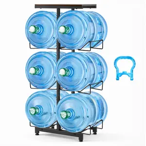VEVOR Water Jug Holder, 4 Tiers Double Rows 3 and 5 Gallon Water Bottle Holder for 6 Bottles, Heavy Duty Jug Rack Organizer with Handles, Foldable for Kitchen, Office, Living Room, Black and Brown