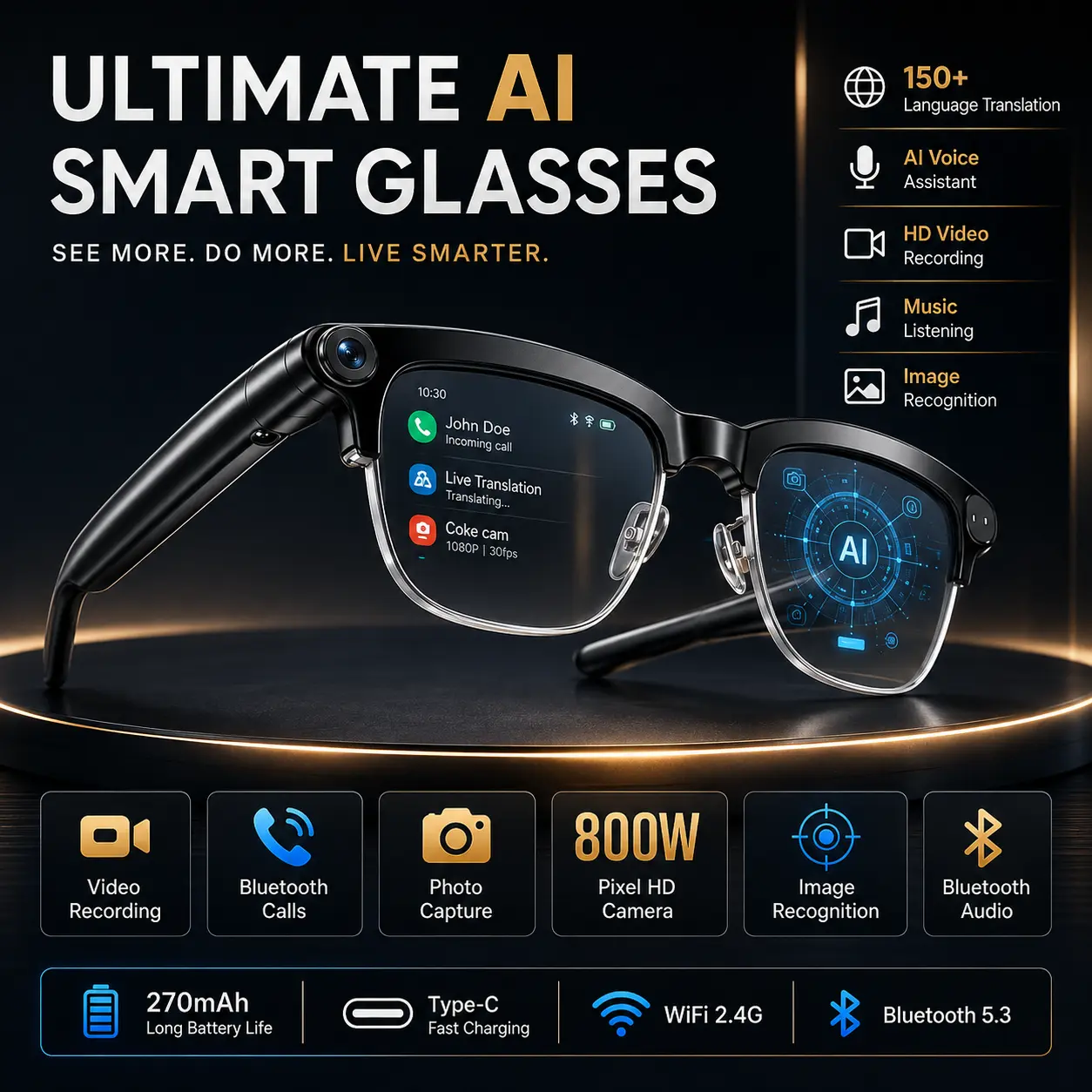 AI Smart Glasses with 8MP Camera, HD Video Recording with Audio, Wireless Call, Music, Touch Control, Real-Time Translation, Object Recognition, Multifunctional Camera Glasses for Men & Women, Half-Frame Smart Glasses for Travel & Outdoor