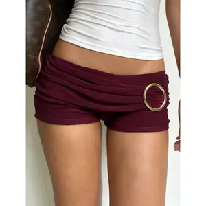 Women’s retro pleated low-rise shorts with a metal buckle, burgundy slim-fit casual fashion for autumn and winter, boho casual shorts GARMENTARY