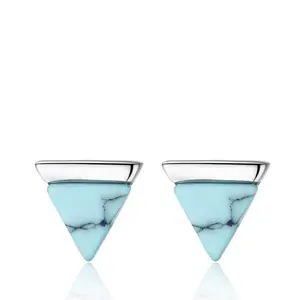 18k Karat Sterling Silver Turquoise Triangle Stud Earrings Jewelry Gift for Women - Genuine Boho Stud Earrings for Pierced Ears, Hypoallergenic Silver and Turquoise.