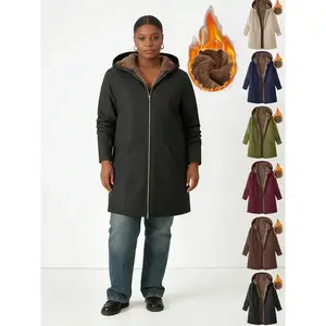 Women’s plus-size fleece hooded long-sleeve insulated jacket, casual plain warm coat for fall and winter with a loose fit and zipper design