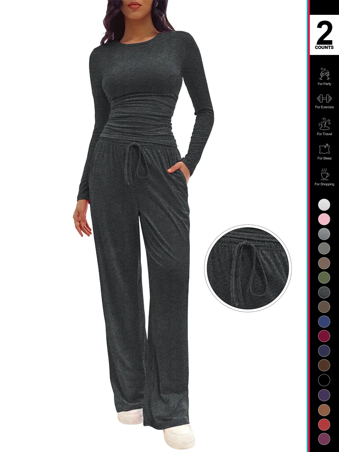 Women's Solid Ruched Drawstring Loungewear Set, Casual Fit Long Sleeve Round Neck Top & Pocket Wide Leg Trousers, Ladies Sleepwear for All Seasons Women's Solid Ruched Drawstring Loungewear Set, Casual Fit Long Sleeve Round Neck Top & Pocket Wide Leg Trousers, Ladies Sleepwear for All Seasons