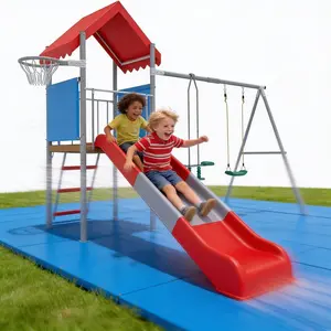 【GAOMON】Metal Swing Set with Slide & Treehouse Platform, Kids Outdoor Backyard Playset with Basketball Hoop, Ideal Children's Day Gift - SummerVibes