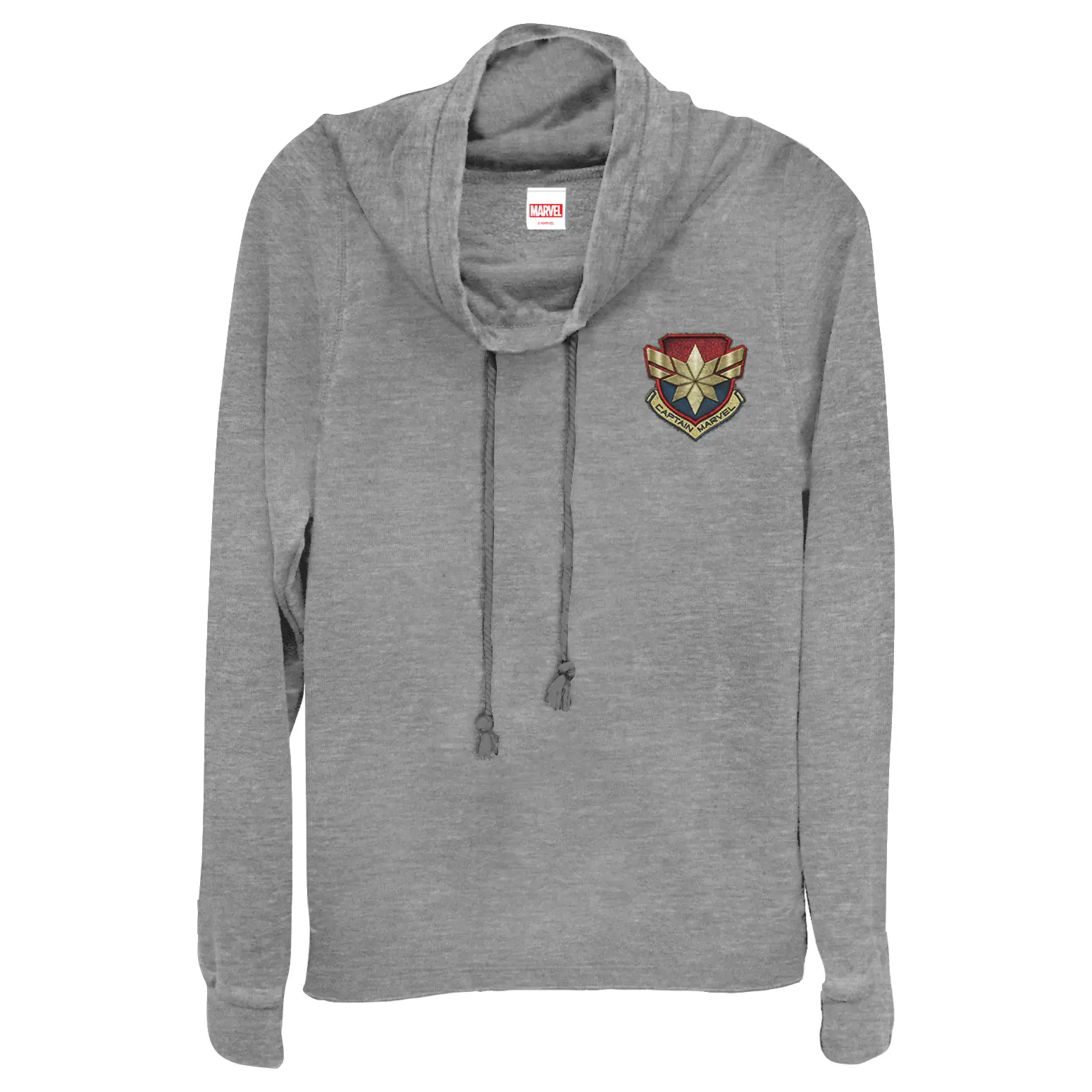 Juniors Womens Marvel Captain Marvel Star Symbol Woven Print Cowl Neck Sweatshirt