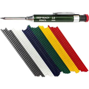 2.8 mm Deep Reach Metal Carpenter Pencil, 36 Colored Refills, 6 Colors, 40 mm reach, 6 mm width, Built-in Sharpener, Construction, Shop, Glass, Machine, Indoor, and Outdoor