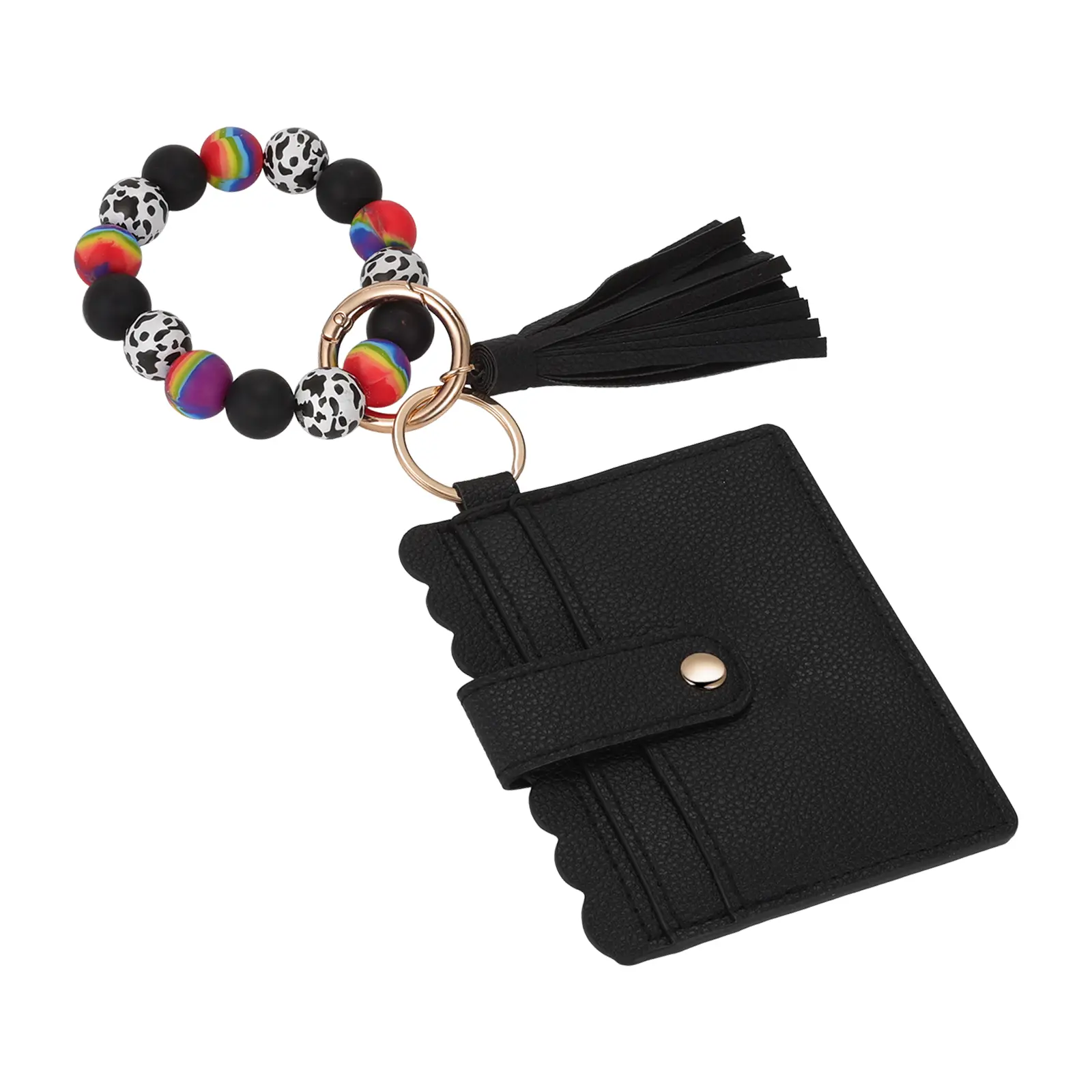 OIDEA Women's Compact PU Leather Keychain Wallet - Card Holder with ID Window, Silicone Beads, Tassel Keyring, Wristlet Bangle for Hands-Free Carry, Tassels