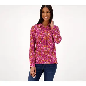 Denim & Co. Printed Heavenly Jersey Button Front Shirt