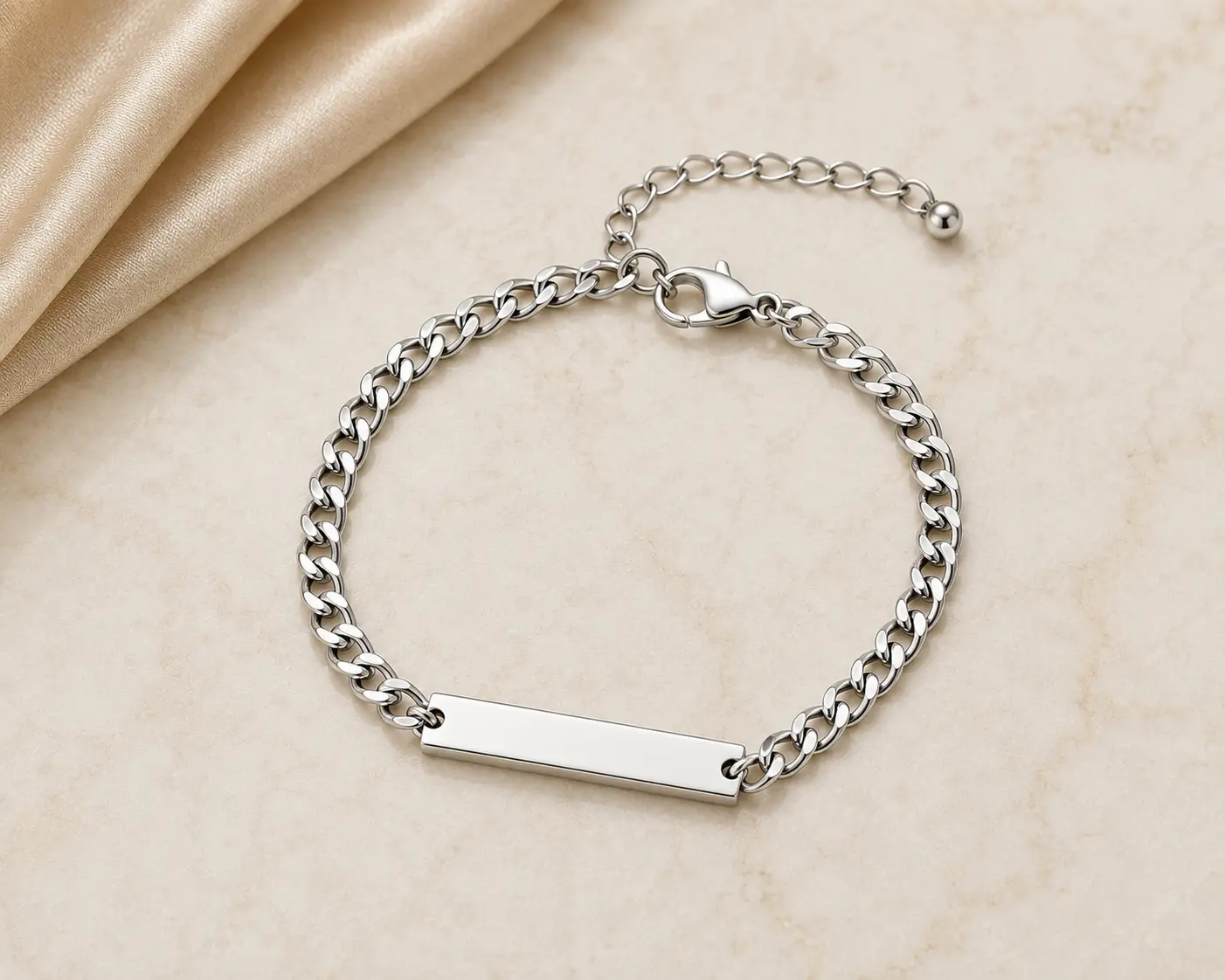 Silver Engravable Curb Chain Bar Bracelet