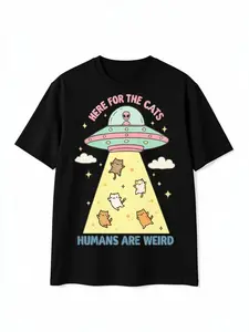 Funny Cat Shirt Here For The Cats Humans Are Weird Vintage Cartoon Tee Alien UFO Cat Lover Gift Retro Pastel Graphic Unisex T Shirt Menswear Top