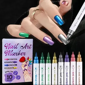 10 color nail art pen set, Nail art supplies, dual head nail art pen, quick drying water-based pen, graffiti point nail painting brush, dot flower line brush, color blending hook line pen, three in one color DIY nail art tool