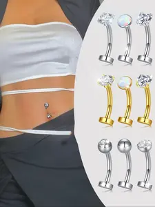 Women's Stainless Steel Belly Ring, Flat Back Navel Piercing Stud, 16g with Guide Tool, Inner Threaded Curved Barbell, Daily Wear Gift