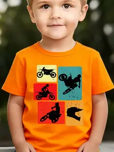 Boys' Summer Breathable & Comfortable "Retro Off-Road Motorcycle Silhouette Collage" Cartoon Print (3-12Y) Casual Sports T-Shirt