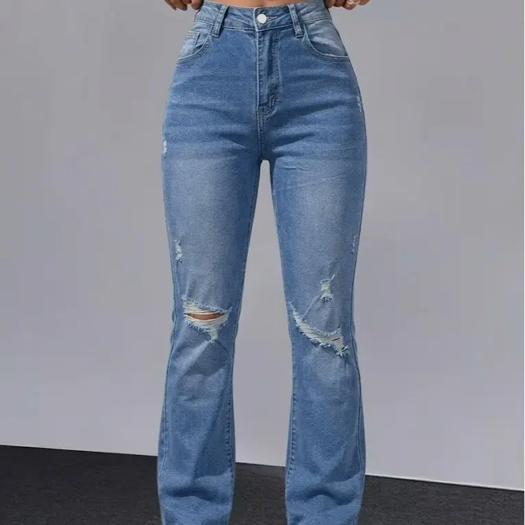 Women's High-Waist Ripped Distressed Flare Jeans - Light Blue Stretch Fabric with Knee Holes, Bootcut Denim Pants for Streetwear, Pair with Blouses, Featuring Graphic Pocket, Hoodie, Belt