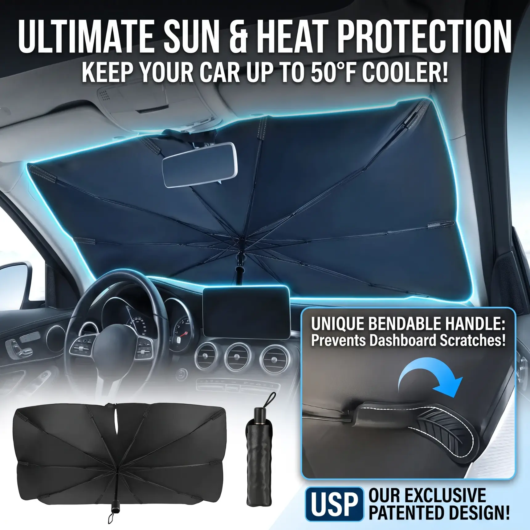 【CARHOME】Foldable Windshield Sun Shade Umbrella, Anti-UV Vinyl Coated Heat Shield, Car Windshield Sunshade with Spring Structure Edge, Protects Interior from Sun Rays and Heat Damage, Keeps Car Cool, Medium 55" L × 31" W