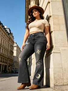 High Waist Flare Jeans for Women Black Vintage Bootcut Denim Moon Star Embroidered Gold Print Legs Decorative Waistband Stretchy Slim Fit Bell Bottom Pants Casual Office Date Concert Streetwear All Season