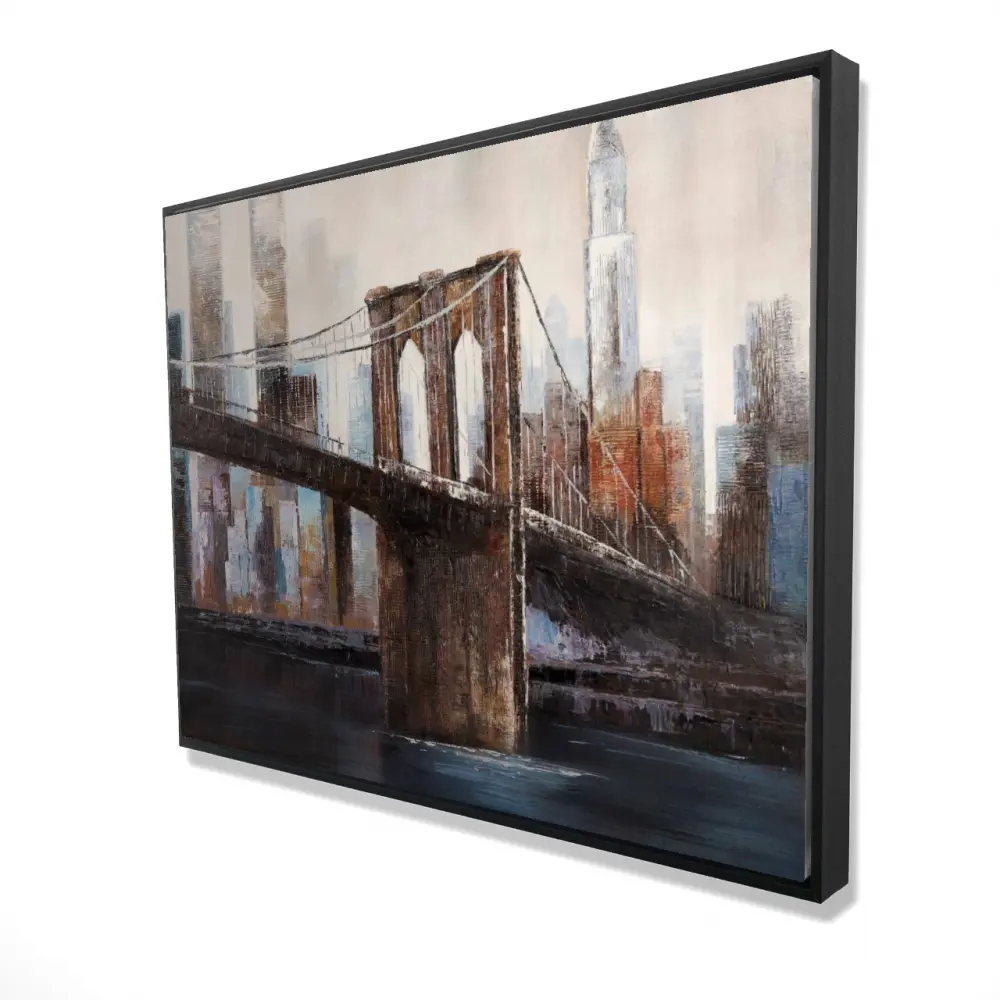 360 Stand Urban Brooklyn Bridge Framed Canvas Artwork, 36x48 in. Beige Cities Wall Print, Artistic Home Decor Decoration for Home Supplies, Room, Cityscape