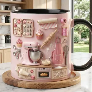 Custom Name Baking Accent Mug 2D Printed 3D Effect Coffee Cup, Personalized Ceramic Mug with Kitchen Tools Design for Bakers Pastry Chefs, Cute Pink Baking Lover Keepsake, Gift Idea for Her Women Friends Birthday Housewarming Present