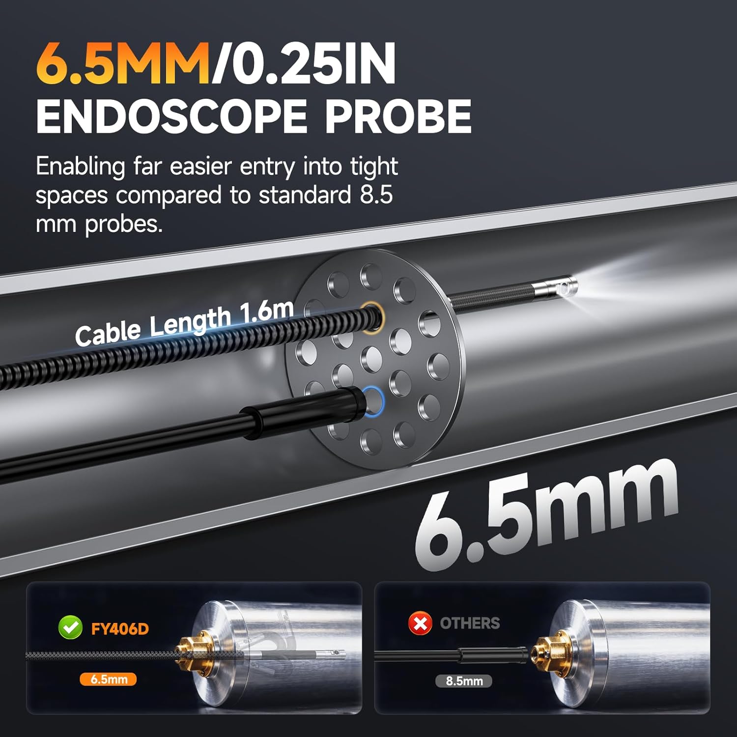 FOXWELL FY406D 0.25in Slim Dual Lens Articulating Borescope, 220° Two-Way Endoscope Camera with LED Light & IPS HD Screen, IP67 Waterproof Snake Camera for Engine, Automotive, Pipe & Wall Inspection – 5.3FT