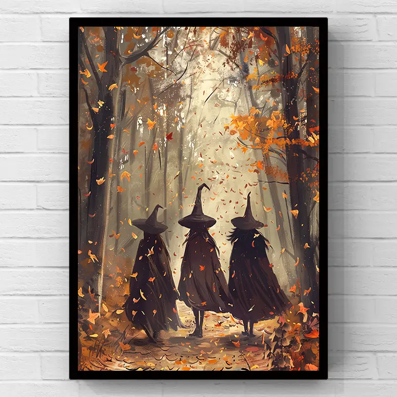2D Flat Print Canvas Wall Art Gift, Gothic Halloween Fall Forest 3 Witches Poster, Spooky Home Decor for Bedroom, Entryway & Halloween Party Walls