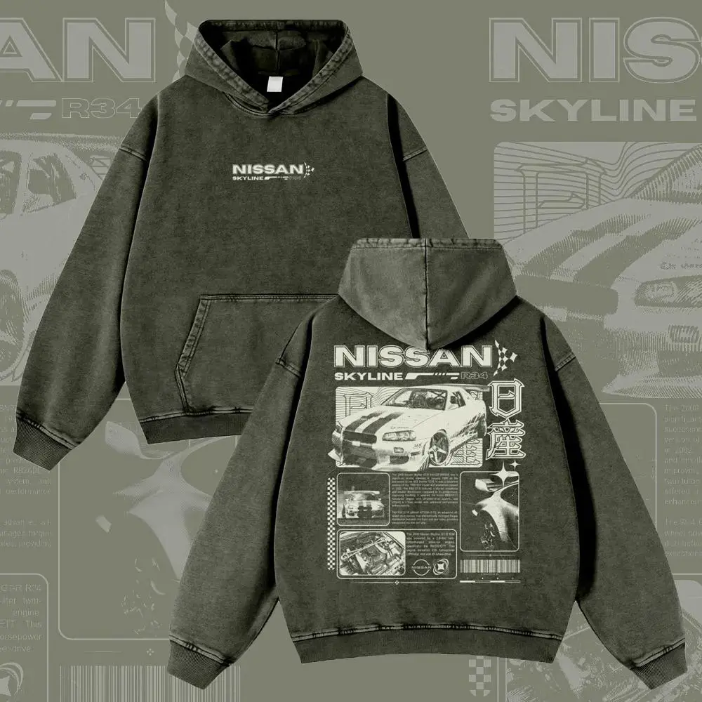 Japan Legend GTR Skyline JDM Style 380g Autumn VIntage Washed Hoodie Graphic Sweatshirt
