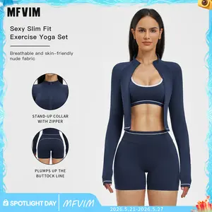 MFVIM women’s color-block high-stretch sports bra, high-waisted shorts, and zip-up cropped jacket set; breathable, comfortable activewear for yoga, gym, and running; athletic outfit, one-piece set