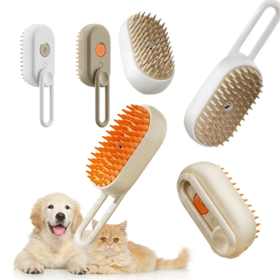 3-in-1 Steam Pet Brush for Cats & Dogs – Self-Cleaning Grooming Comb with Spray Mist, Massage & Shedding, Rechargeable USB, Anti-Static, Foldable Handle – White