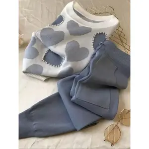 Autumn Winter Women's Fashion Set, Heart Pearl Round Neck Knitted Long Sleeve Top, Drawstring Knitted Jogger Pants