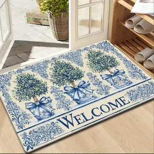 Vintage Blue White Chinoiserie Welcome Doormat, Non Slip Indoor Outdoor Entry Rug, Farmhouse Topiary Tree Floor Mat, Waterproof Mud Resistant Doormat for Front Door, Porch, Cottage Decor, Gift Idea