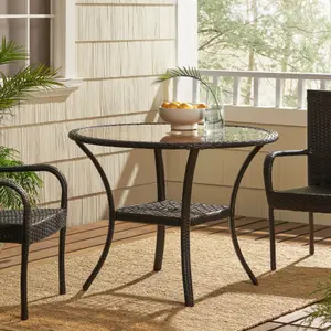 Outdoor Resin Table, Durable Woven Rattan Construction, Tempered Glass Tabletop, Coffee Table