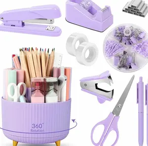 Purple Office Supplies Set, Purple Office Desk Accessories 10PCS, Pencil Holder for Desk, Stapler, Tape Dispenser, Scissors, Ruler, Binder/Paper Clips and 1000pcs Staples,Desk Supplies Set