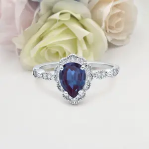 Art Deco Round Teardrop 1.25 Carat Lab Alexandrite Bridal Band Women Wedding Engagement Pear Shape Ring 925 Sterling Silver 12mm