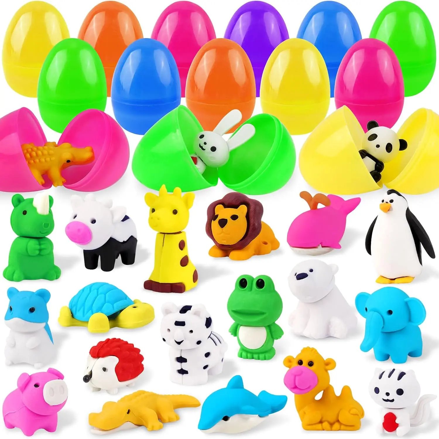 Summer Spring Gift 24 Pcs Animal Erasers for Easter Eggs, 24 Pcs Easter Eggs Prefilled for Hunt Party Favors Classroom Prize Supplies, Easter Eraser Decorations Multicolor