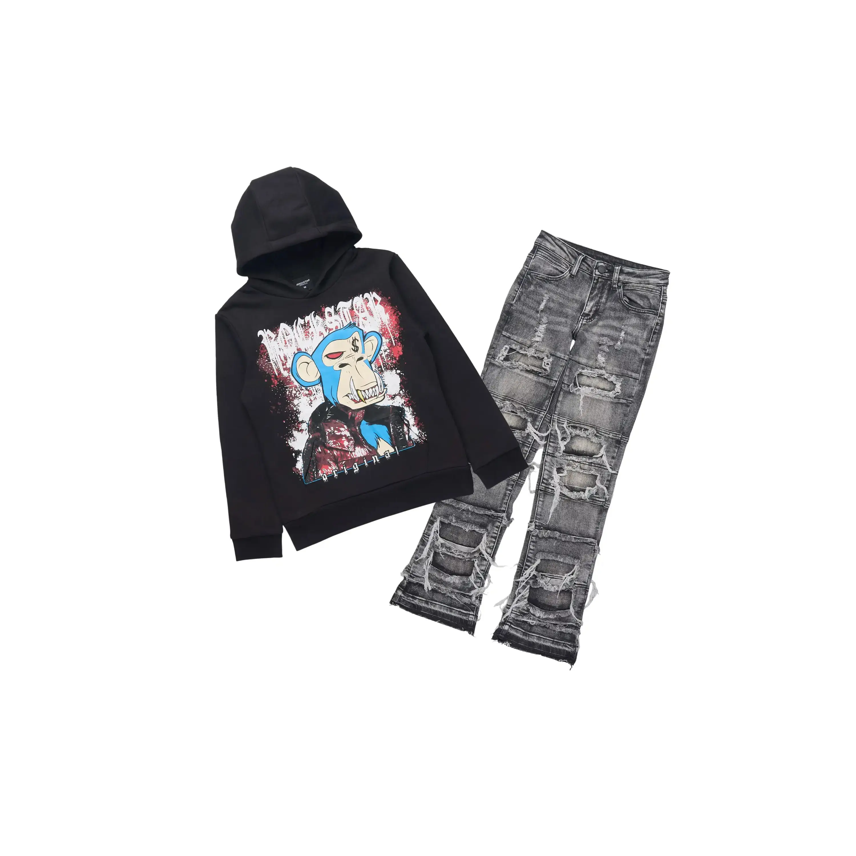 Boys Delzzon Black Hoodie & Vasco Grey Stacked Jean Set