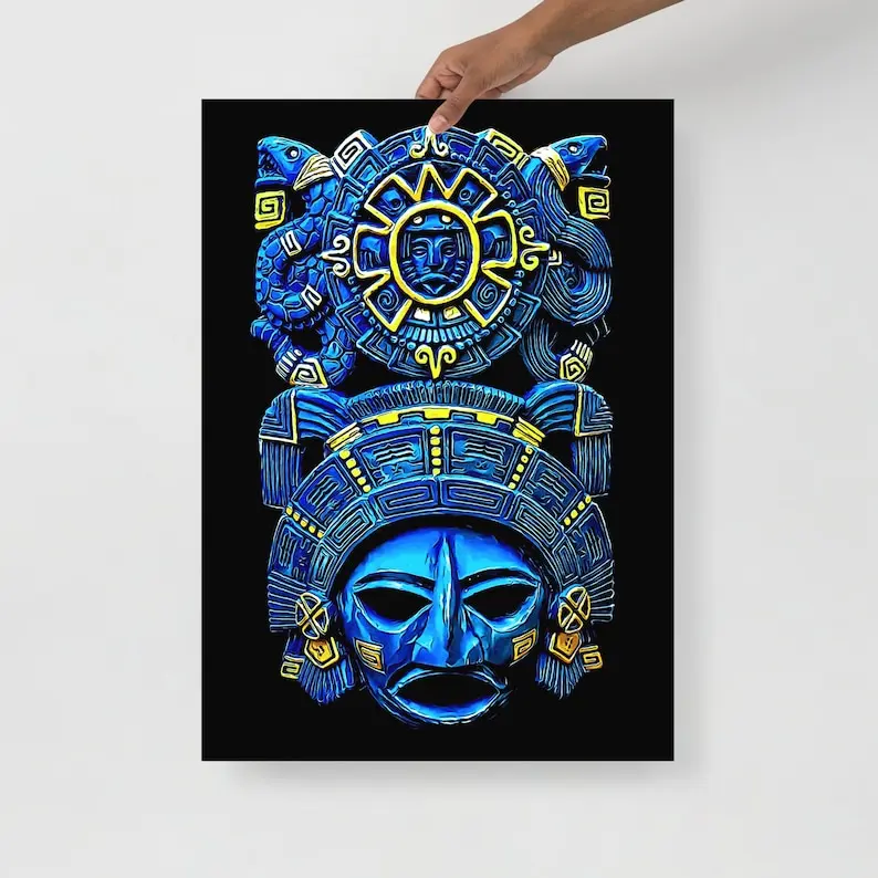 Aztec Blue Snake Poster - Aztec Wall Decor - Native Mexican Mythology Art Print - Ancient Mayan Room Decor - Unique gift