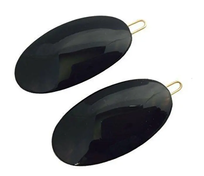 Parcelona French Oval Black Small Snap on Hair Pin Barrette Clip 2 Pcs