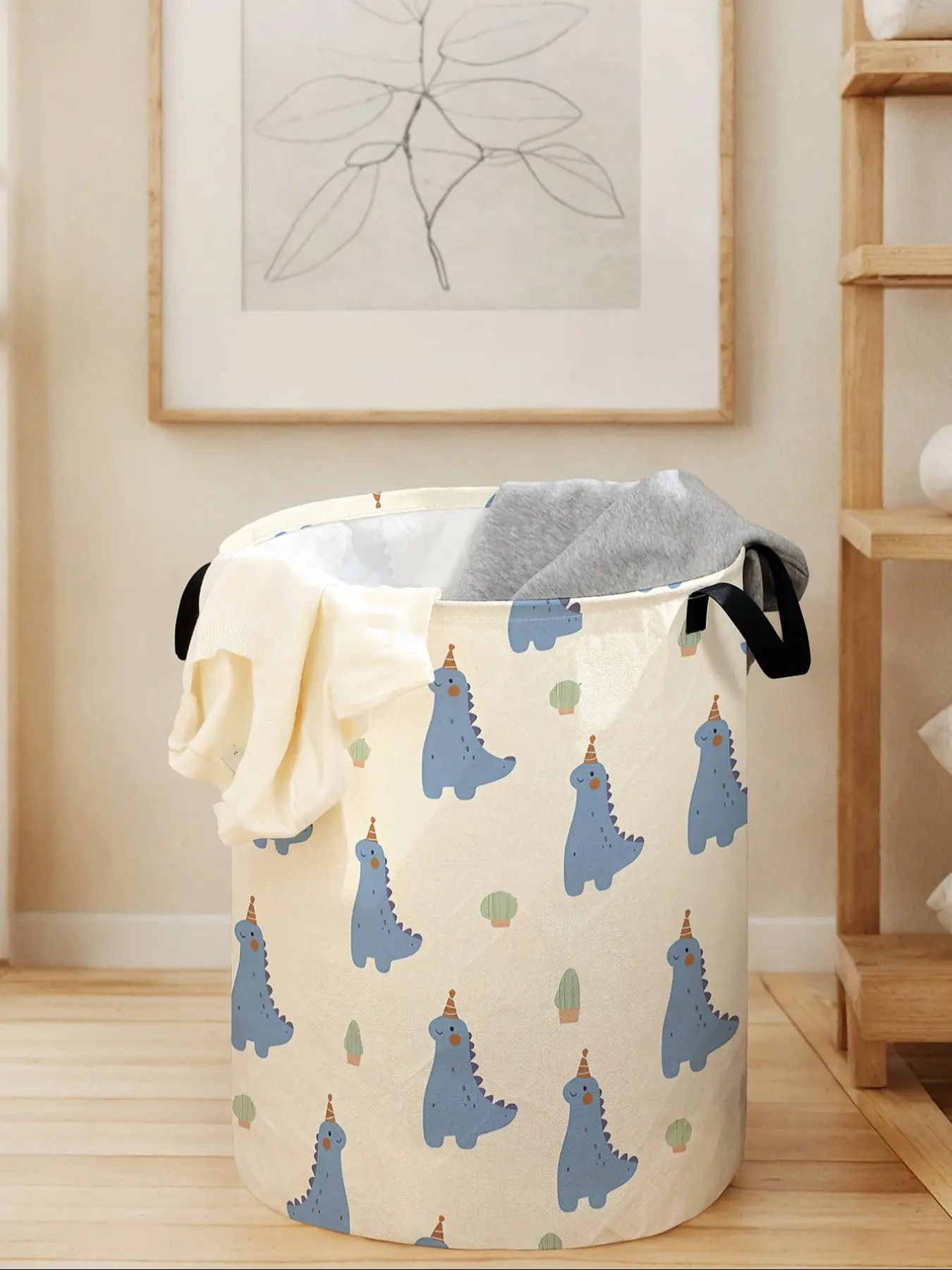 Large Capacity Laundry Basket with Cute Dinosaur Print, Kids Toy Storage Bin with Handles, Durable and Foldable Home Organizer for All Seasons