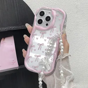 1pc Pink Frame Heart Bow UV Printed Protective Case Cover with Bow Bead Strap, for iPhone 17-11, Trendy Gift for All Occasions