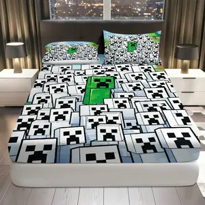 3Pcs Pixel Creeper Gaming Fitted sheet Three Piece Set (1*Fitted Sheet+2*Pillowcases, Coreless), Halloween theme, Minecraft Bedding Set, Mattress protector Soft, Breathable