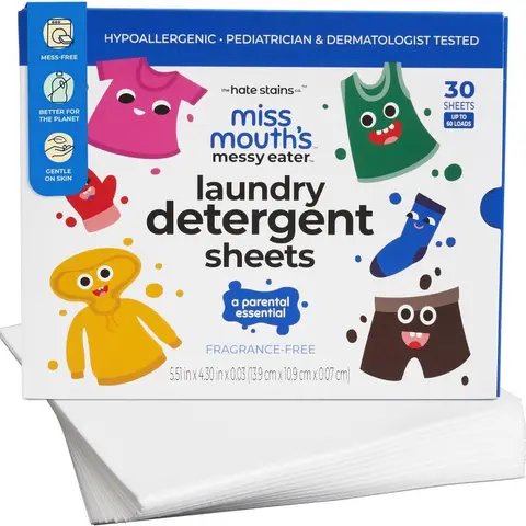Miss Mouth's Messy Eater Laundry Detergent Sheets - 30 sheets - Clean and Hypoallergenic for Sensitive Skin, Pediatrician & Dermatologist Tested, Fragrance Free