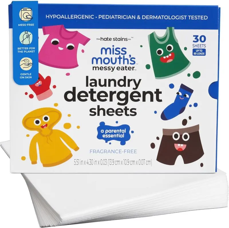 Miss Mouth's Messy Eater Laundry Detergent Sheets - 30 sheets - Clean and Hypoallergenic for Sensitive Skin, Pediatrician & Dermatologist Tested, Fragrance Free