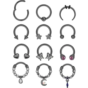 THUNARAZ 12 Pcs Surgical Steel 10mm Gorgeous Horseshoe Hoop Septum Piercing Jewelry for Women Men 16G Septum Rings Septum Jewelry for Daily Outings Music Parties Festivals Summer Ocean Beach Swimming Vocation Holiday Birthday Christmas Gift