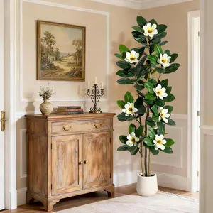Faux Rubber Tree, 72 Inch Artificial Plants Indoor with Real Touch Leaves and Multi Trunks, Artificial Tree Fake Potted Plants with White Flowers for Home Decor Office Living Room